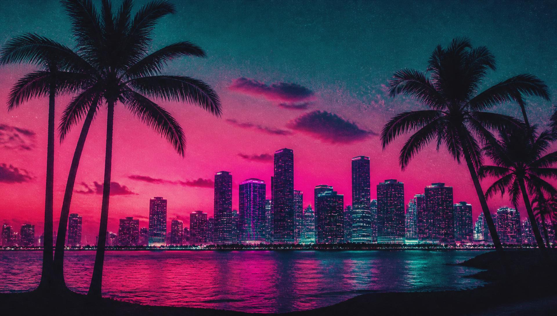 Neon Vice City skyline at sunset